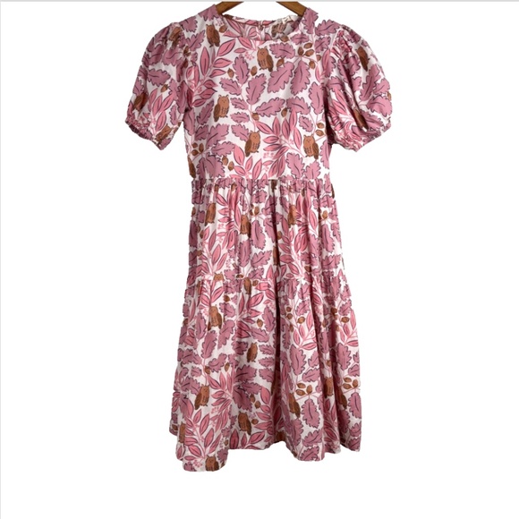 Mini Boden Fall Dress 13-14 Pink Leaves Owl Puff Sleeve Forest Fairy Preppy Twee - Picture 1 of 11